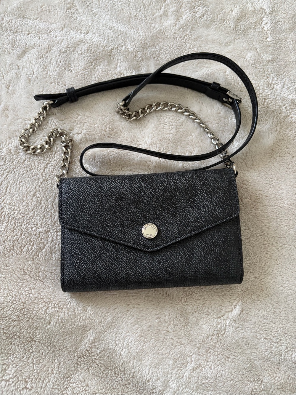 Michael Kors Signature Black Pebbled Leather Crossbody with Silver Chain Strap